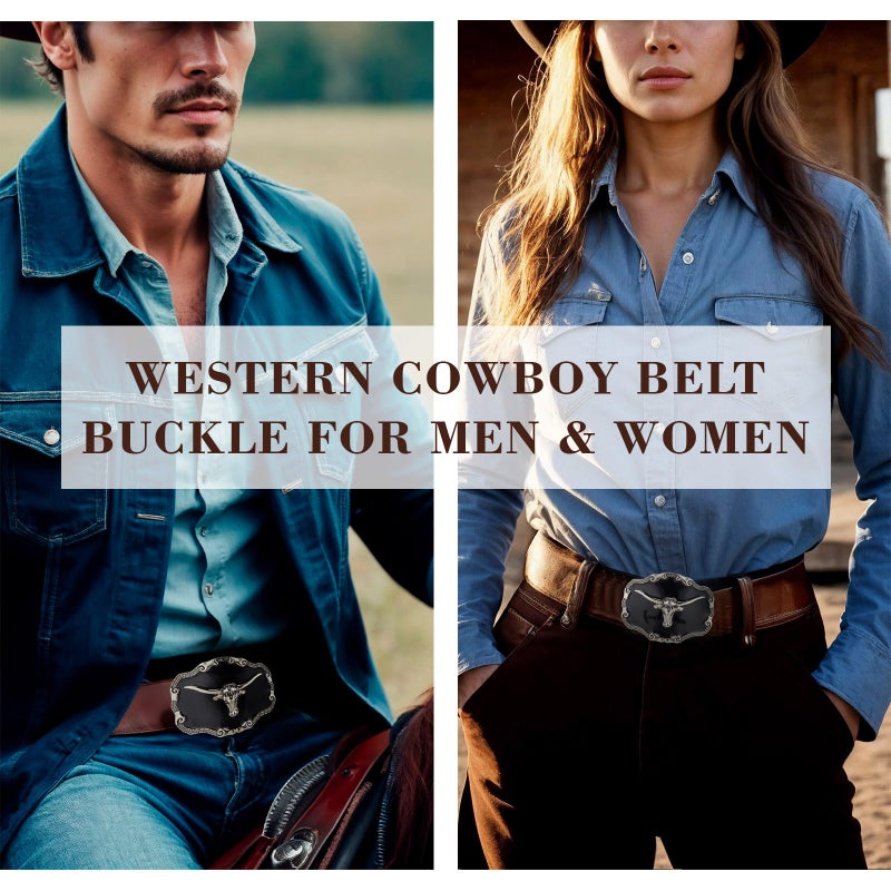 YOQUCOL Mens Long Horn Bull Head Western Cowboy Texas Silver Belt Buckle - Image 4